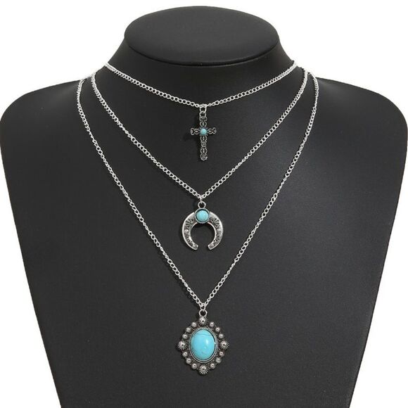 💲1️⃣0️⃣ Bundled ✔️Silver and Turquoise Layered Necklace Set - Picture 1 of 4